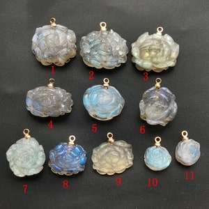 Carved Peony Labradorite Pendant: Natural Stone Amulet