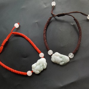 pixiu dragon carving jadeite bead Bracelet,Grade A,Natural jade stone bracelet,Amulet weaved red/brown rope Cord,Unisex Bracelet,Birthday