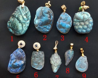 Amazing Carved Labradorite Pendant,Blue,Dragon turtle,fly horse,Rat,unicorn,fox,wing,Sika deer,Sterling silver,Amulet Mythical Animals