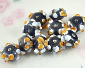 5beads/lot Charm White Orange Flower Rondelle Lampwork  Hole 2.5mm Handmade Glass gemstone beads 9mmx15mm
