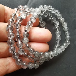 Natural Black Rutilated quartz, crystal beaded bracelet,6.5mm,7mm,smooth Round quartz,woman gift,man bracelet,Stretch good lcuky Bracelet
