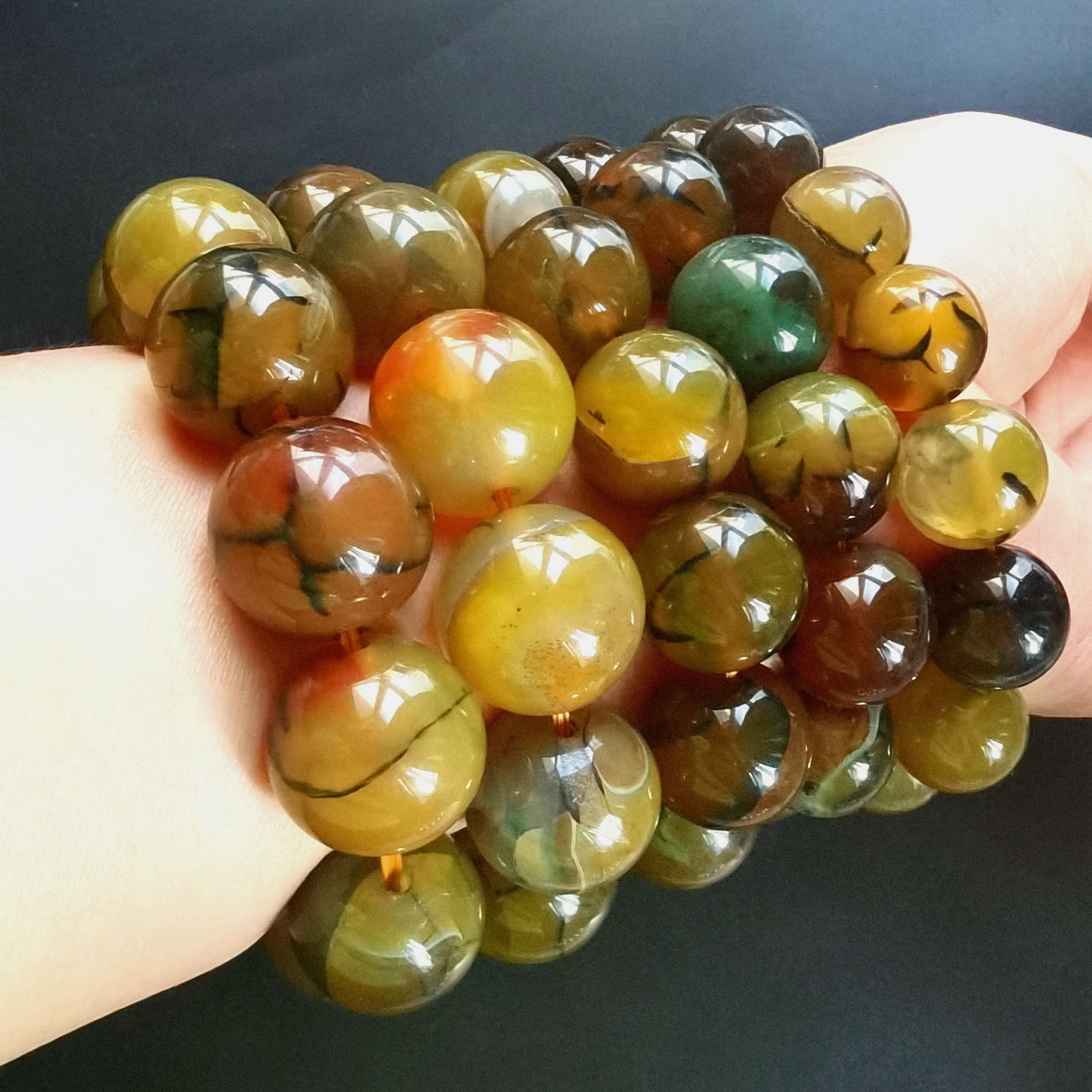 Round Yellow dragon vein agate stone bracelet,20mm,18mm,16mm, smooth Round,woman gift,man bracelet,Stretch Bracelet