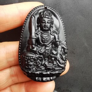 Chinese bodhisattva Black Obsidian stone Pendant, Oval Amulet Necklace Pendant Jewerly, for handmade making jewelry