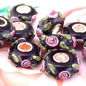 Large Hole 4.5mm 5beads/lot Charm Pink Flower Rondelle  Lampwork gemstone beads 8mmx15mm
