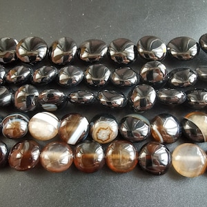 12mm,14mm,Coin onyx, black brown Agate stone strand,Round Circle Agate strand, loose Gemstone Bead,Healing,for making,full one strand,15&quot;