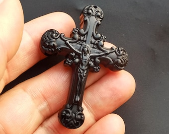 Carved Black Obsidian Cross Pendant: Amulet Necklace Jewelry