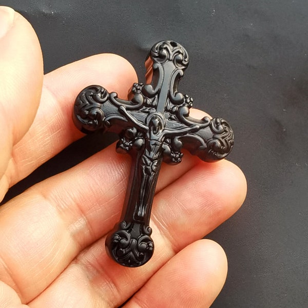 Cross Carved natural Black Obsidian stone Pendant, Amulet Necklace Pendant Jewelry, for handmade making man/woman jewelry