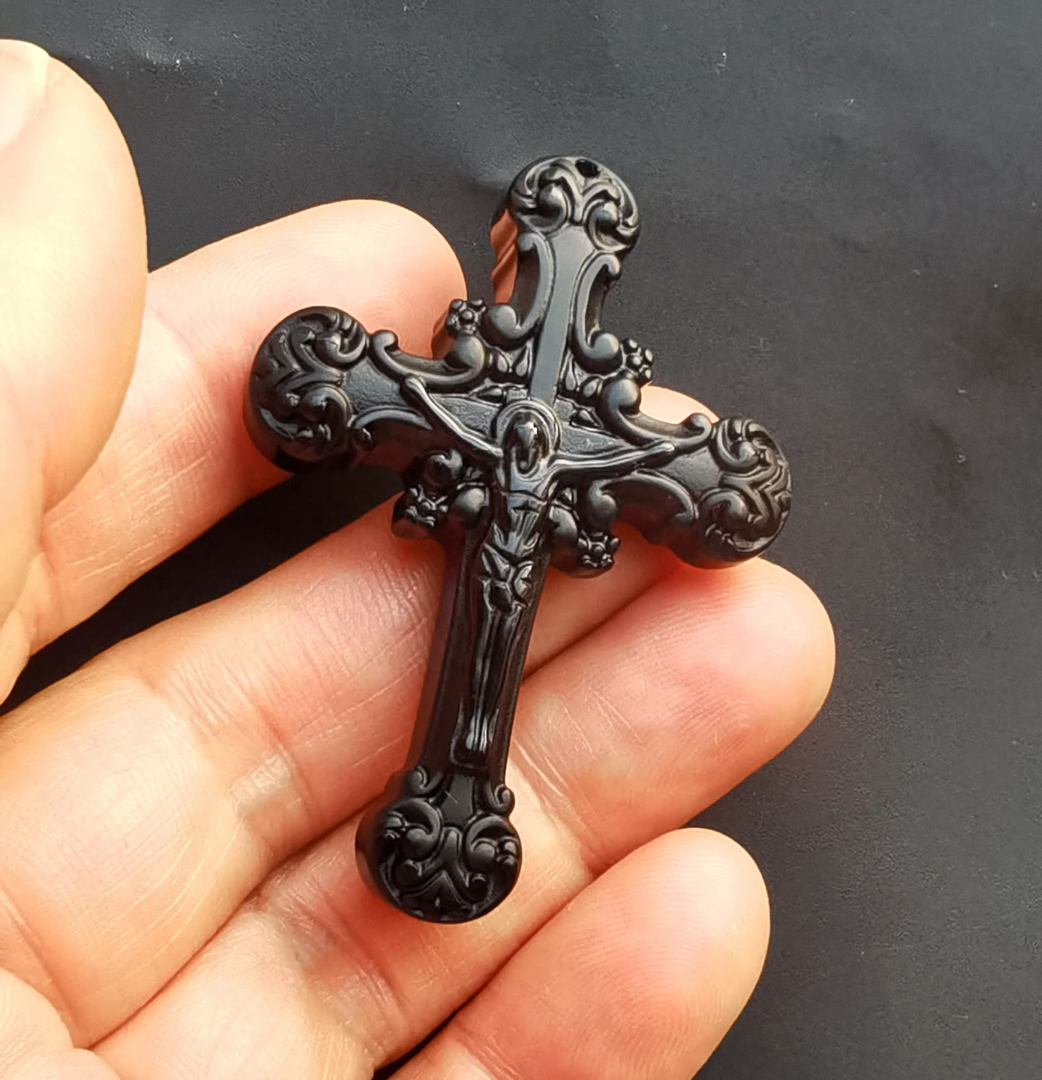 Carving Black Obsidian Stone Cross Pendant: Amulet Necklace