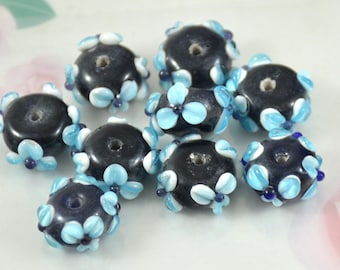 Blue Flower Lampwork Beads: Black Rondelle Charm Beads (8mmx15mm)