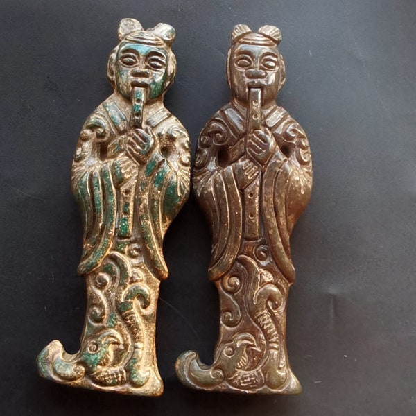 Piper de musique ancienne, personnes, sculpture pendentif en pierre de jade naturel brun vert, guérison, amulette porte-bonheur faisant à la main collier bijoux cadeau