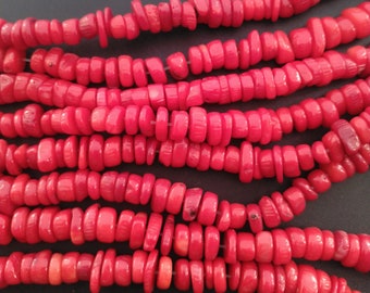 Heshi Tube red Coral Strand, saucer 7mm dyed Gemstone Beads, Full One Strand 16", charm necklace bead, bracelet bead, earring bead, diy bead