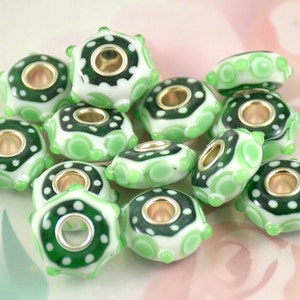 5beads 6Beads 10Beads Large Hole 4.5mm Charm Rondelle Green Dot Circle Lampwork Handmade Glass Beads 7mmx15mm Glass Gemstone Beads