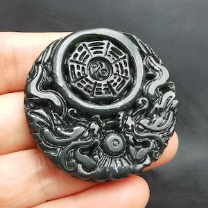 Chinese Dragon jade pendant, Carved Black Green natural Jade Pendant, Coin Amulet Talisman for handmade Necklace Pendant Jewerly MB