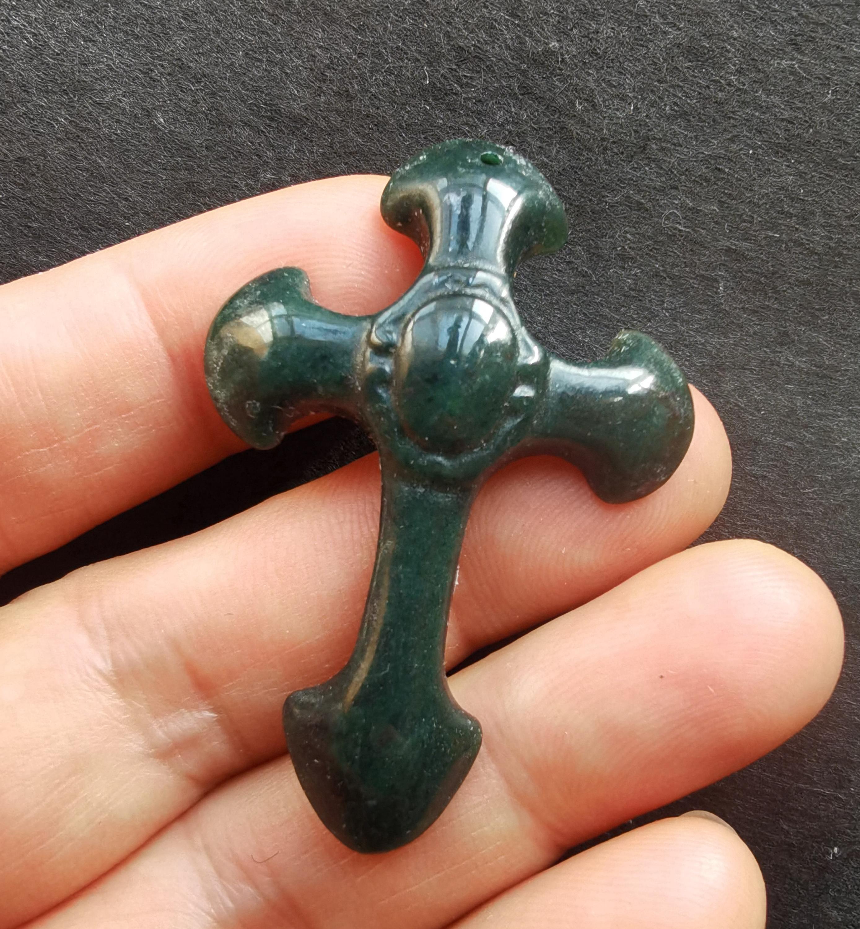 Cross,carving Natural Black Green Jade Stone Pendant,amulet
