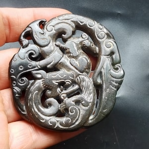 dragon rat mouse carving black jade stone Pendant,Mythical Animals Amulet,good lucky gift for making handmade Necklace Jewerly jade fitting