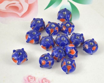 5 perline 6 perline 10 perline Foro 2,2 mm Ciondolo Rondelle Blu Punto Arancione Perline di pietre preziose Lampwork 8 mm x 13 mm Perline di pietre preziose di vetro sciolte