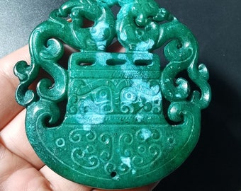 Chinese Axe Jade stone Pendant,Carved Dragon phoenix green Jade Link, Amulet Mythical Animals Necklace Pendant Jewerly A1