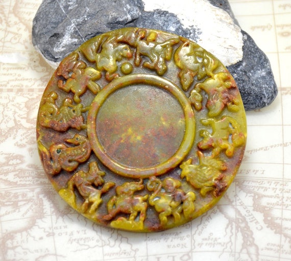 Circle Chinese Zodiac orange Jade bead coin Jade Carved brown | Etsy