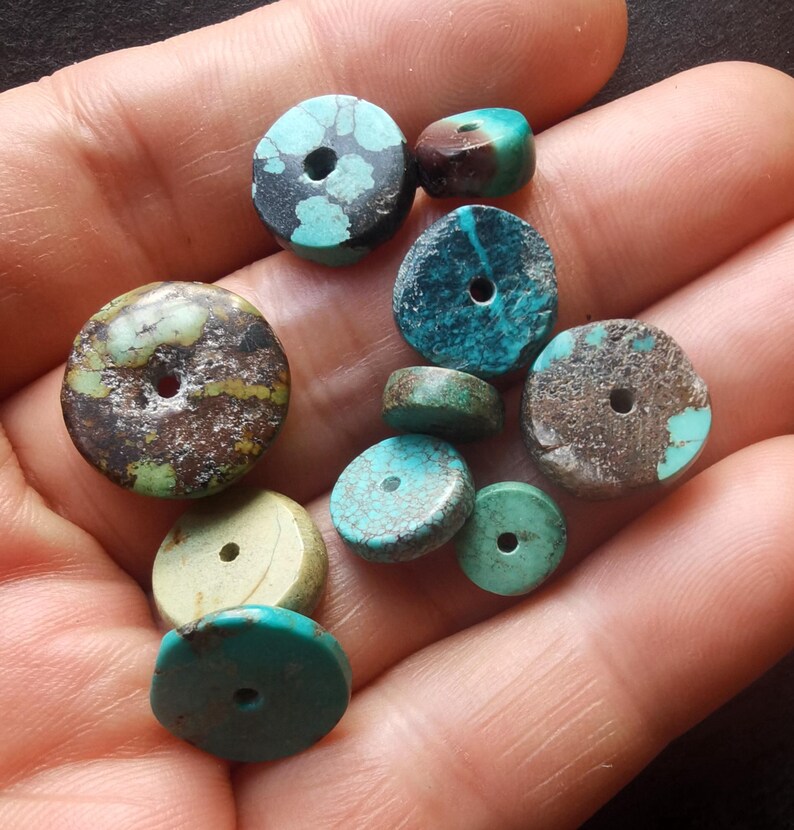 8.8g 10beads Genuine coin donut,natural old turquoise,green black loose beads,for making earring beads,bracelet beads,necklace image 5