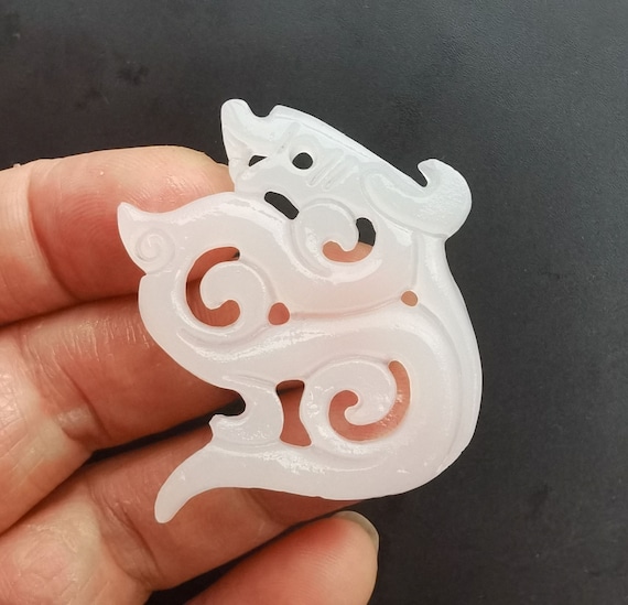 Carved White Jade Dragon Pendant: Chinese Amulet Necklace