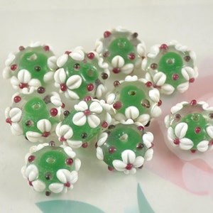 5beads 6Beads 10Beads Hole 2mm Charm Rondelle White Flower Green Clear  Lampwork gemstone beads 10mmx16mm Glass Gemstone Beads