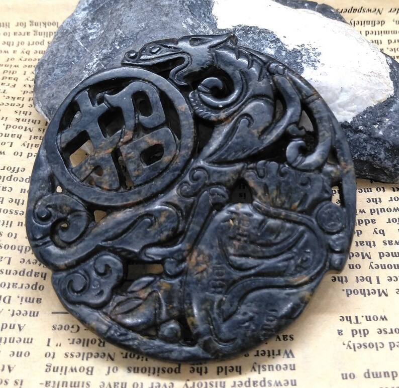 Dragon brown Jade Pendant Amulet Mythical Animals Necklace Pendant Jewerly B1 Chinese ancient Jade stone Pendant Charm Circle Carved Rich