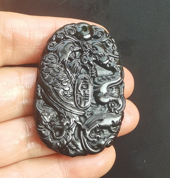 Jade Dragon Phoenix Pendant: Black Green Stone Amulet Necklace