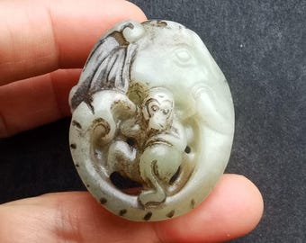 elephant Monkey Mythical Animals carving natural green jade stone Pendant,Animal Amulet for making Necklace gemstone bead jewelry supplies