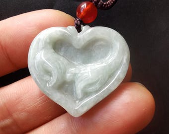 Jadeite Heart Pendant: Hand-Carved Gemstone Amulet Necklace