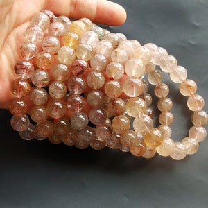 Natural Brown Golden Rutilated quartz,crystal beaded bracelet,Protection Energy Healing Crystal,smooth Round,woman gift,man,Stretch Bracelet