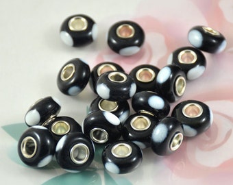 Black & White Lampwork Beads: Large Hole Rondelle Charm (4.5mm Hole)