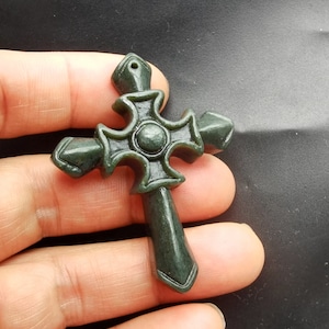 Cross carving natural green jade stone pendant,Protection,Gemstone bead,for making Handmade Necklace,Men,Women Jewelry best gift N1