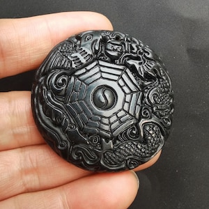 Chinese Dragon Phoenix black green Jade Pendant,circle natural Jade Pendant, Amulet Talisman,handmade Necklace Pendant Jewerly MB