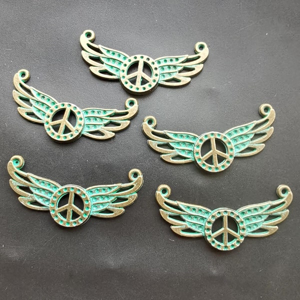 9pcs,Angel wings,peace,green bronze circle Pendant link,Rope Amulet,necklace pendant,Filigree Findings Metal Connector,Unisex Gift F1