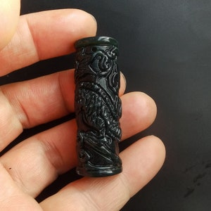 Carving Dragon jade pillar cylinder Natural black green Jade stone pendant,Untreated gemstone,Amulet Talisman for hand Necklace Jewelry MB