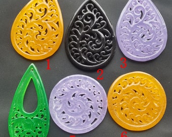 Teardrop Circle Coin Flower carved Jade stone pendant,yellow,Black,Lavender,Green,Amulet for making earring,Necklace,Jewelry Link MG