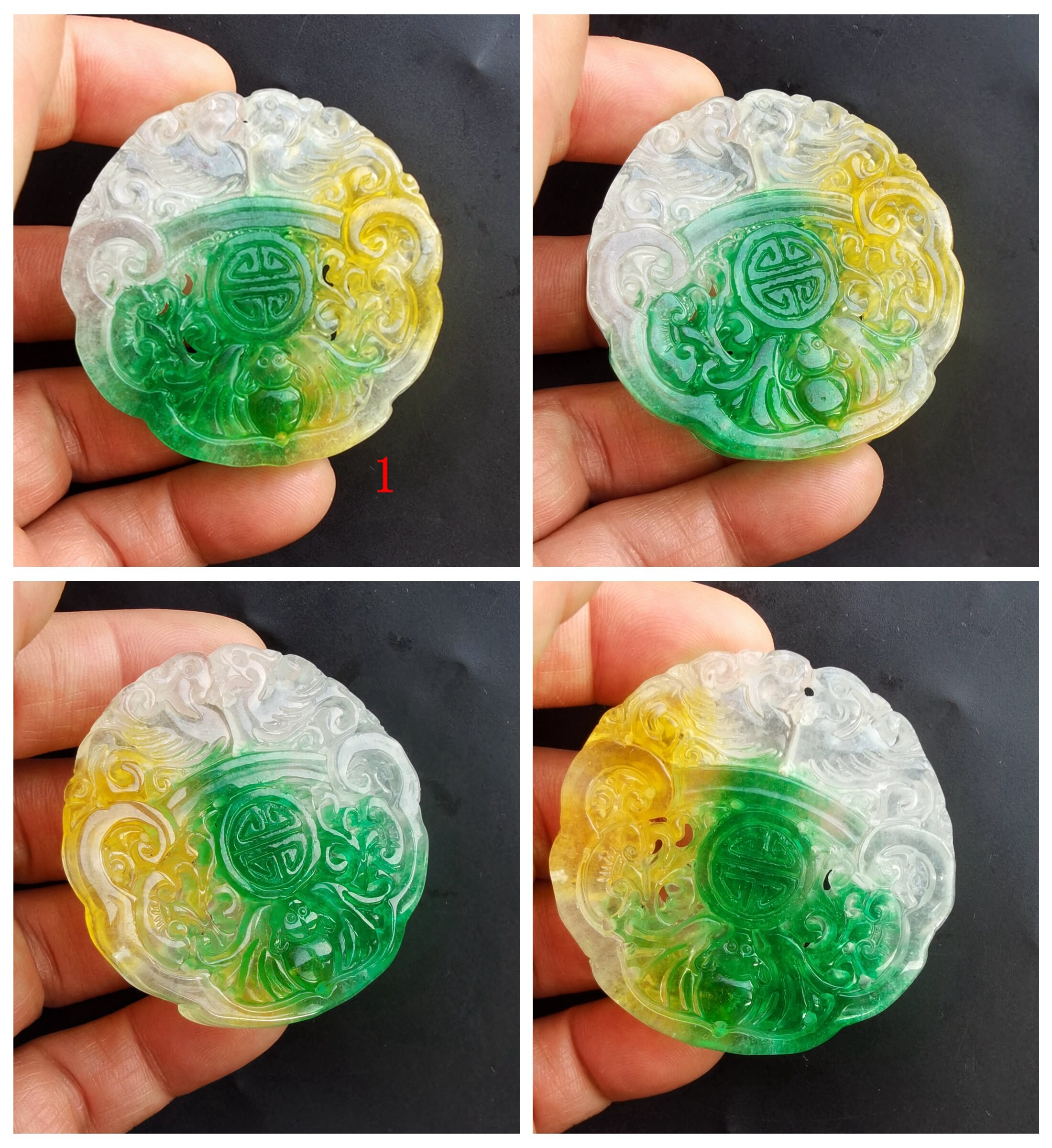 翡翠ペンダント：鳳凰、如意、花、コウモリの彫刻 - Etsy 日本