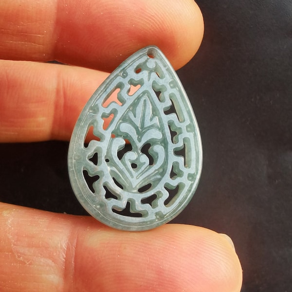 Blue Jadeite Jade Teardrop Pendant: Carved Flower Amulet