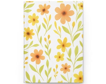 Diario de tapa dura con estampado floral naranja y amarillo / Cuaderno de flores silvestres de primavera