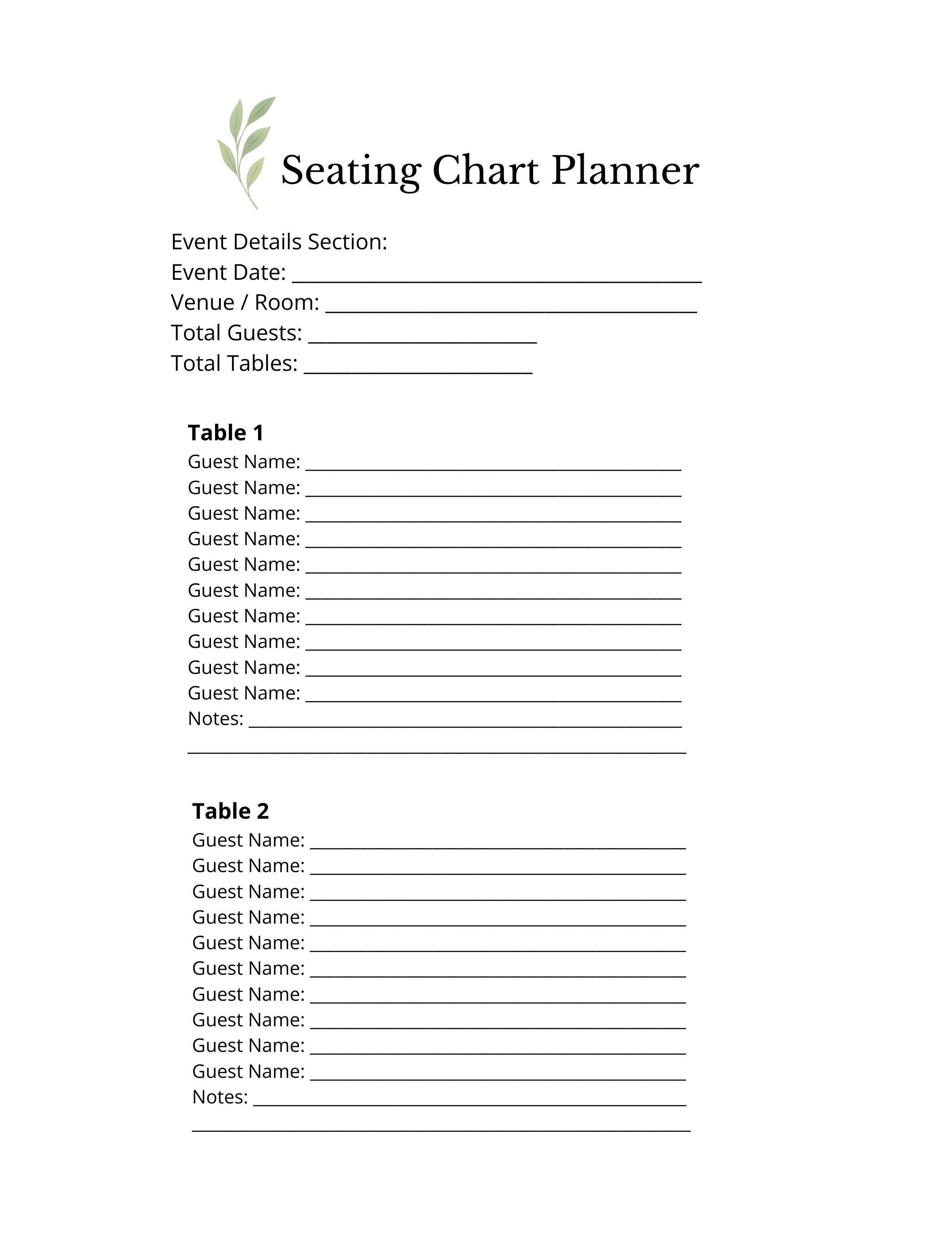 Wedding Seating Chart Planner | Printable Table Worksheet | 8‑table