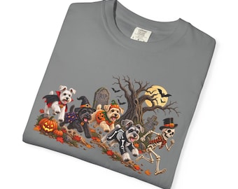 Maglietta di Halloween con Schnauzer nano, Quattro Schnauzer in costume, Maglietta per amanti dei cani di Halloween, Maglietta spettrale per cani, Comfort Colors 1717 6014