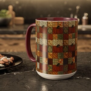 Tazza con motivo a zucche patchwork / Tazza con motivo autunnale a zucche / 11 oz e 15 oz Maroon