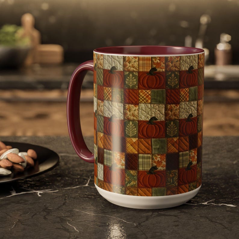 Tazza con motivo a zucche patchwork / Tazza con motivo autunnale a zucche / 11 oz e 15 oz Maroon