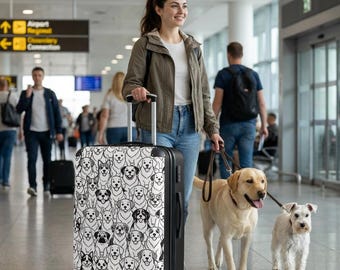 Valigia con motivo di cane disegnato a mano / Illustrazione di cucciolo in bianco e nero / Regalo di viaggio per amanti dei cani