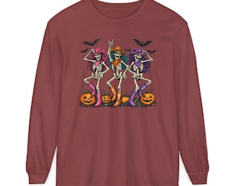 Maglietta Comfort Colors Halloween / Maglietta con scheletri danzanti da cowgirl / Stivali e cappelli da cowgirl western / Maglietta vintage con zucca e pipistrello / Maglietta spettrale country