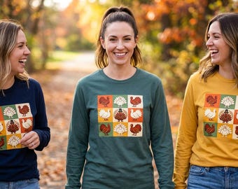 Folk Art Turkey Long Sleeve Tee, Vintage Thanksgiving Shirt, Autumn Comfort Colors 6014