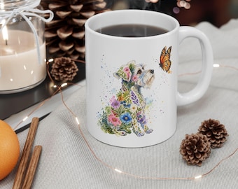 Tazza in ceramica con motivo floreale stravagante di Schnauzer nano e farfalla ad acquerello / Tazza da caffè / 11 oz e 15 oz