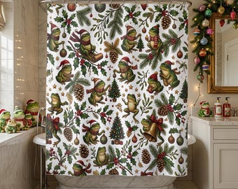 Tenda da doccia con rana natalizia stravagante / Decorazione bagno natalizia in stile cottagecore (71x74")