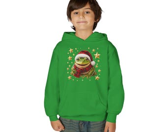 Felpa con cappuccio a tema rana festiva / Cappello di Babbo Natale a quadri scozzesi, sciarpa, stelle (felpa per ragazzi)