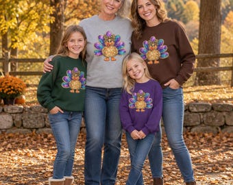 Leopard Bow Turkey Sweatshirt | Purple & Teal Fall Thanksgiving Shirt | Cute Turkey Pullover